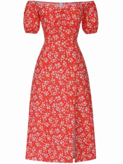 Fashion Retro Stage 1960s Floral Off-Shoulder Side Slit Dress Red