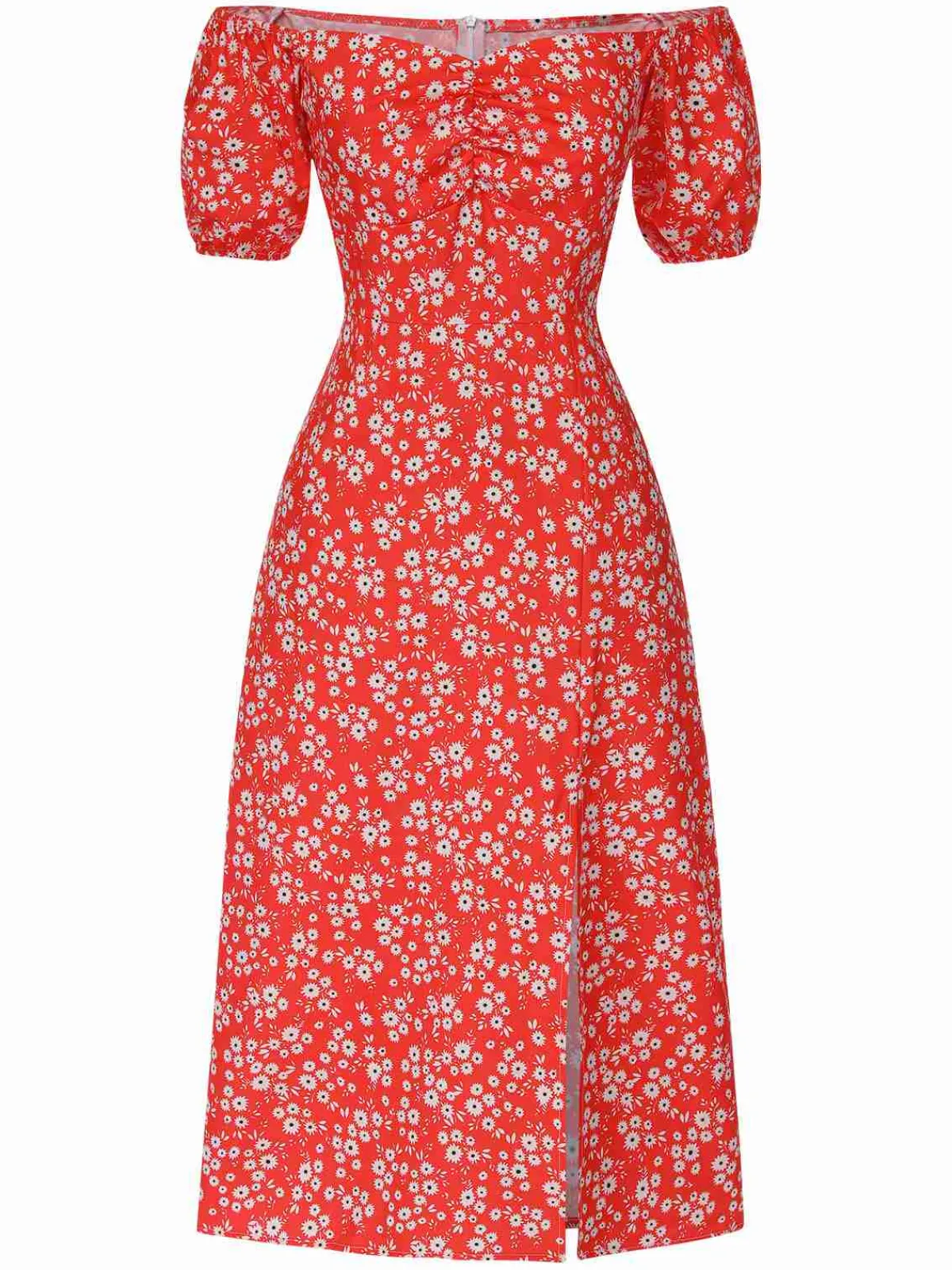 Fashion Retro Stage 1960s Floral Off-Shoulder Side Slit Dress Red