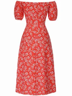 Fashion Retro Stage 1960s Floral Off-Shoulder Side Slit Dress Red