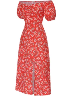 Fashion Retro Stage 1960s Floral Off-Shoulder Side Slit Dress Red