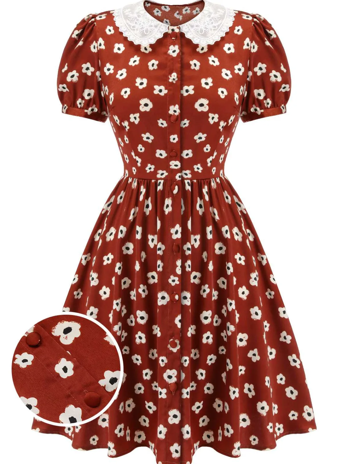 Discount Retro Stage 1960s Floral Puff Sleeve Fla Dress Red