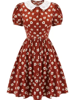 Discount Retro Stage 1960s Floral Puff Sleeve Fla Dress Red