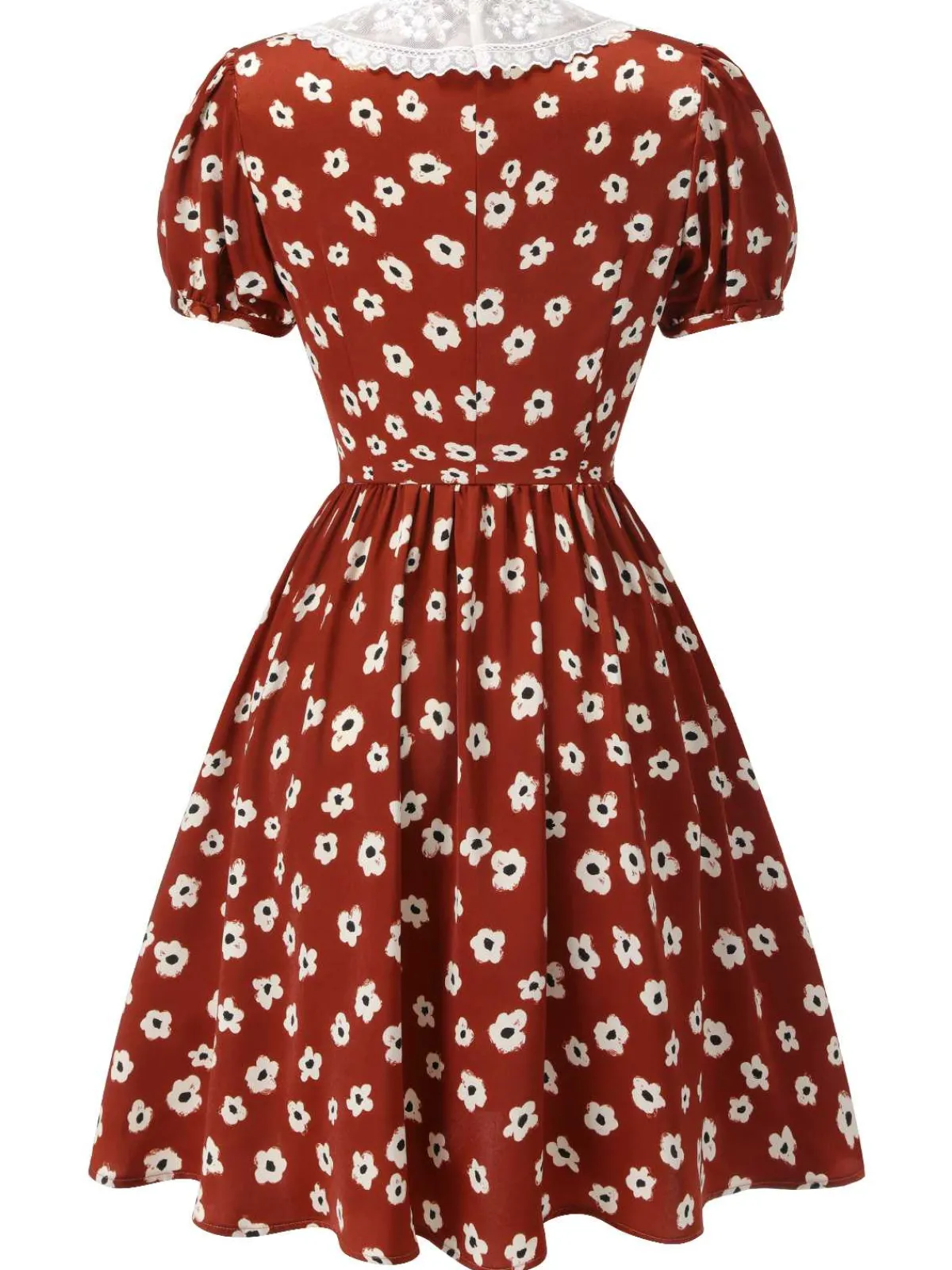 Discount Retro Stage 1960s Floral Puff Sleeve Fla Dress Red