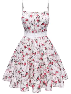 Best Retro Stage 1940s Floral Spaghetti Straps Dress Red