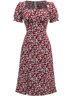 New Retro Stage 1940s Floral Square Neck Puff Sleeve Dress Red