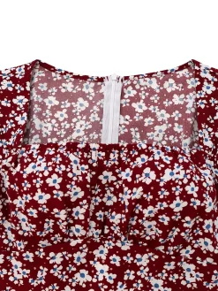 New Retro Stage 1940s Floral Square Neck Puff Sleeve Dress Red