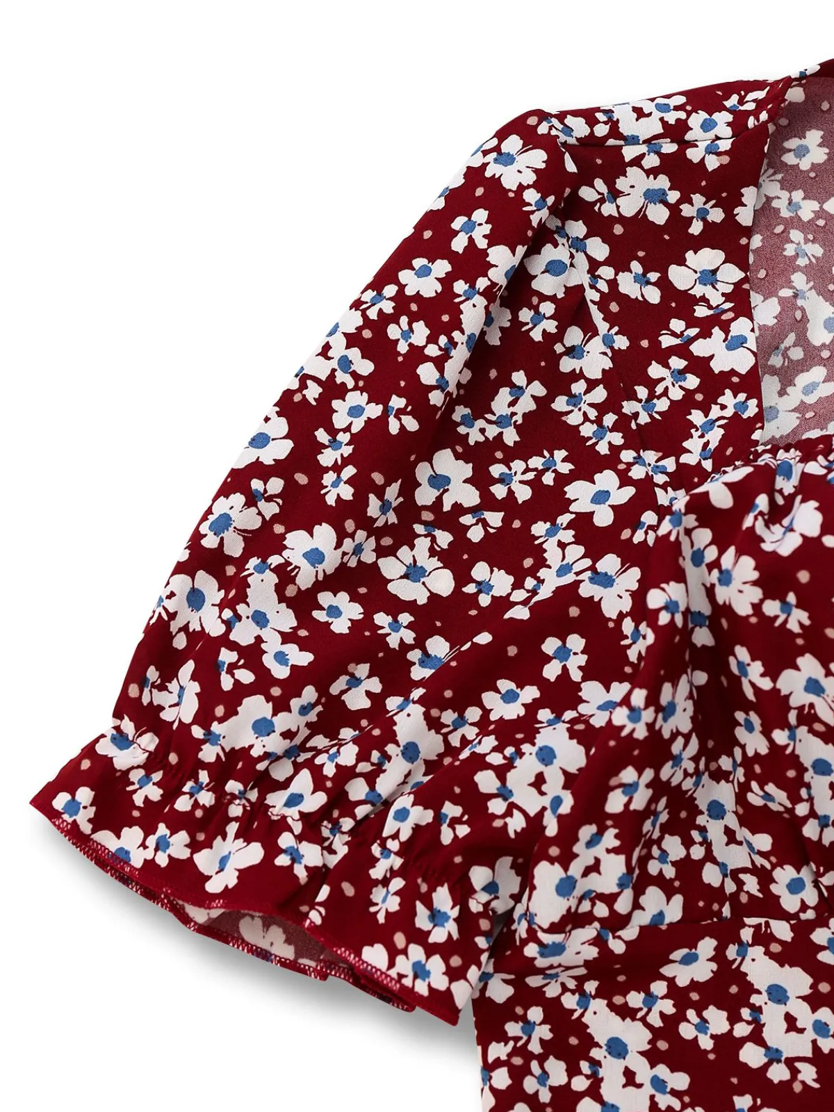 New Retro Stage 1940s Floral Square Neck Puff Sleeve Dress Red