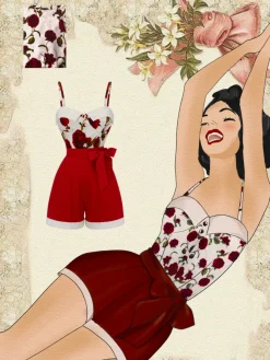 Fashion Retro Stage 1950s Floral Strap Patchwork Romper Red