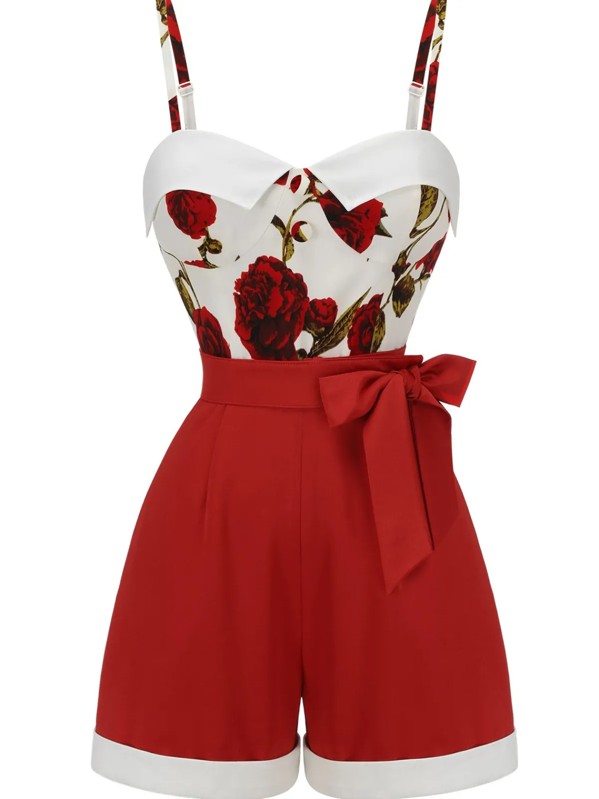 Fashion Retro Stage 1950s Floral Strap Patchwork Romper Red