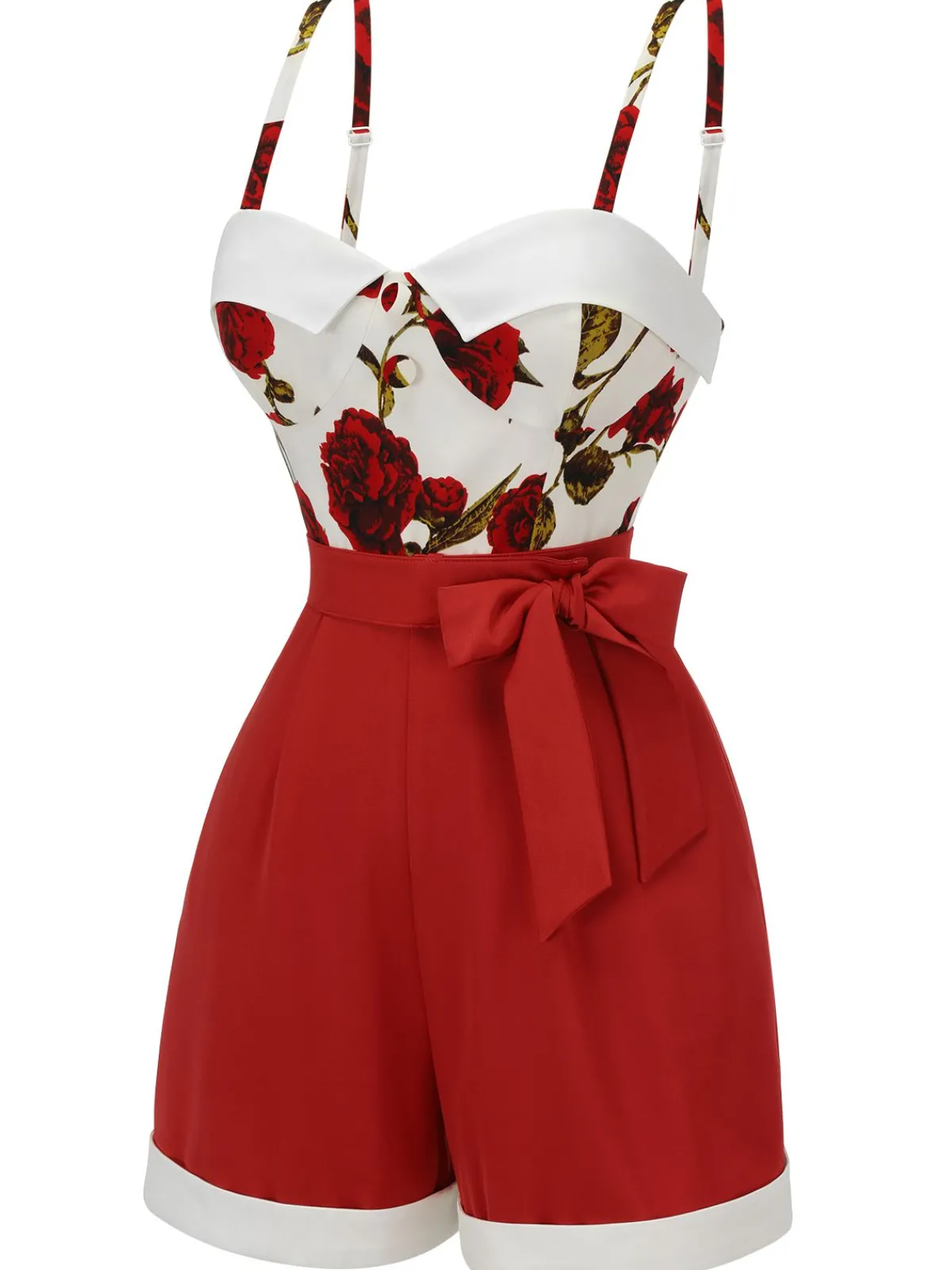 Fashion Retro Stage 1950s Floral Strap Patchwork Romper Red