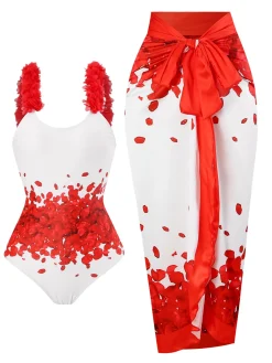 Hot Retro Stage 1960s Floral Suspender Swimsuit Set Red