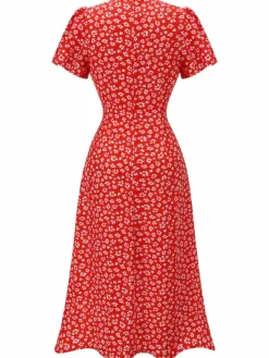 Best Retro Stage Red 1940s Floral V-Neck Added Button Dress