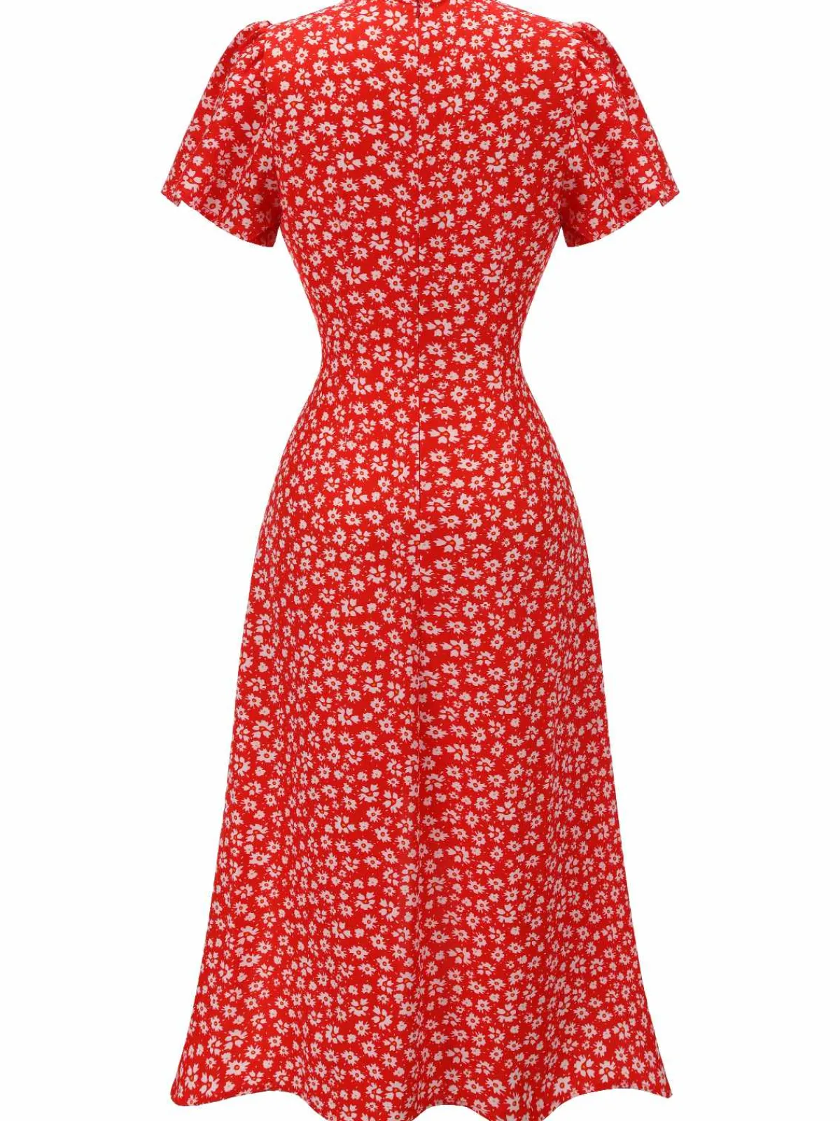 Best Retro Stage Red 1940s Floral V-Neck Added Button Dress