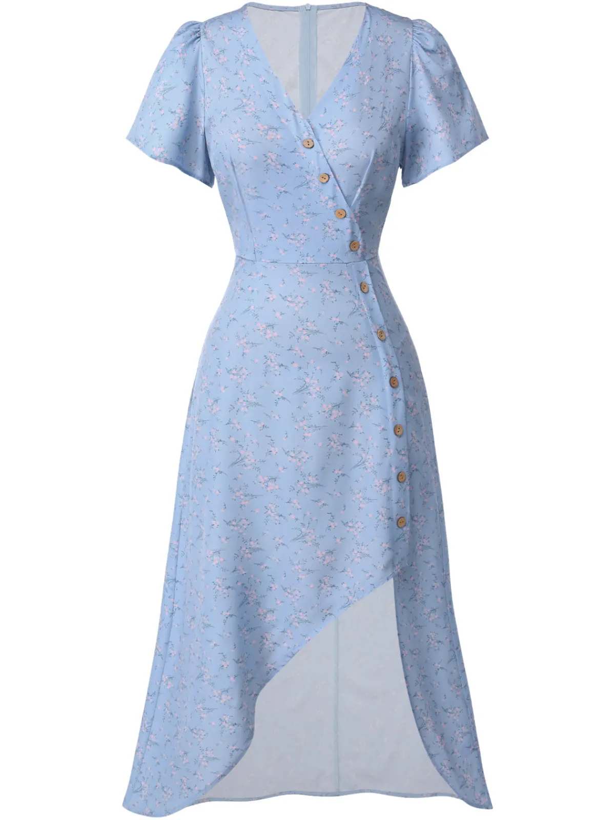 Best Retro Stage Red 1940s Floral V-Neck Added Button Dress
