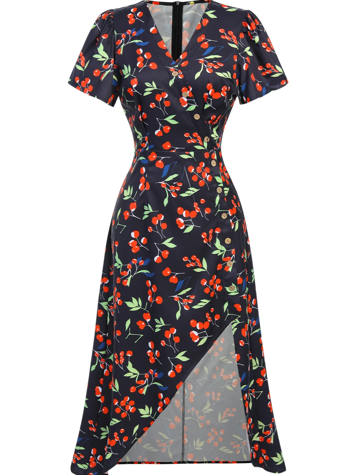 Best Retro Stage Red 1940s Floral V-Neck Added Button Dress