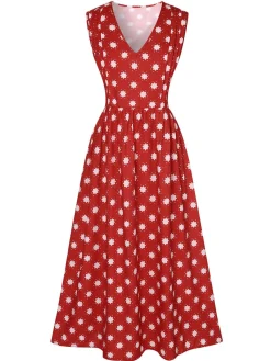 Fashion Retro Stage 1940s Floral V-Neck Sleeveless Dress Red