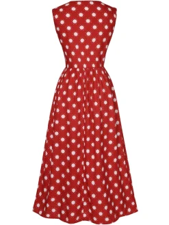 Fashion Retro Stage 1940s Floral V-Neck Sleeveless Dress Red