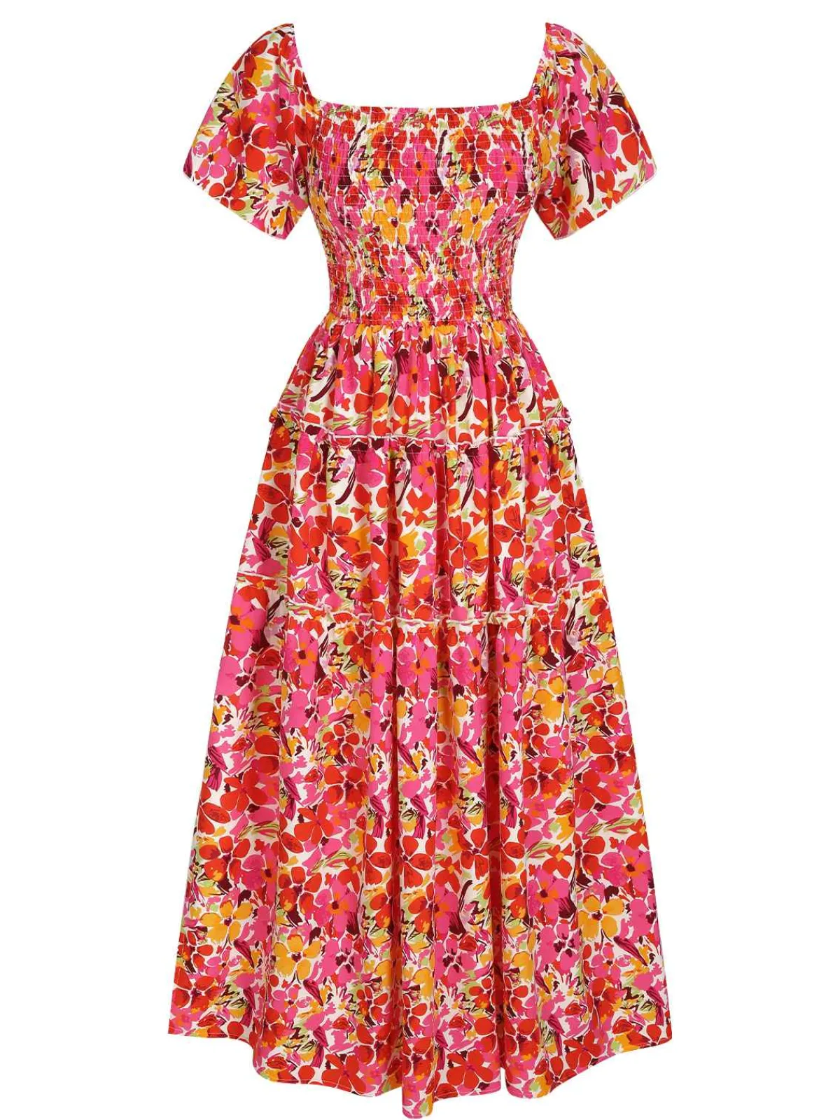 Clearance Retro Stage 1940s Flower Print Square Neck Tie Dress Red