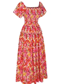 Clearance Retro Stage 1940s Flower Print Square Neck Tie Dress Red