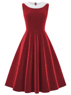 Sale Retro Stage Red 1950s Fur Collar Patchwork Velvet Dress Deep Red
