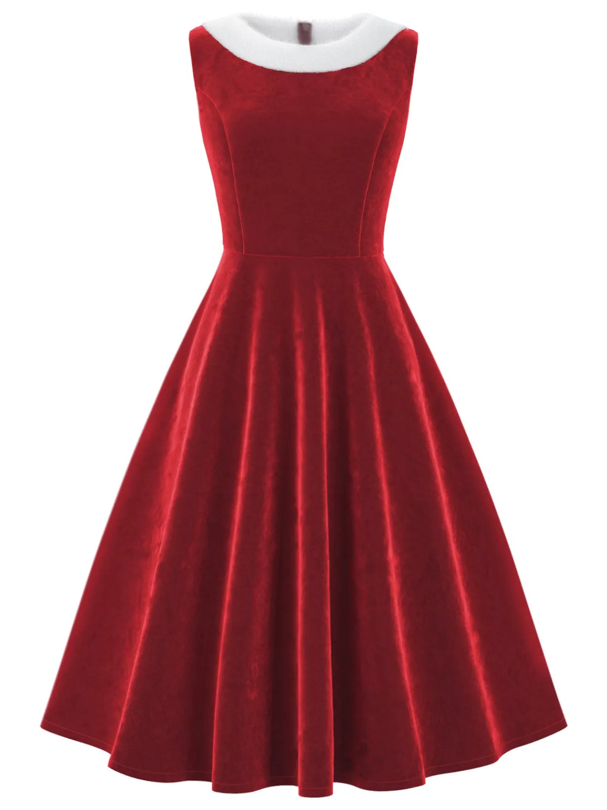 Sale Retro Stage Red 1950s Fur Collar Patchwork Velvet Dress Deep Red