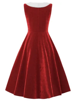 Sale Retro Stage Red 1950s Fur Collar Patchwork Velvet Dress Deep Red