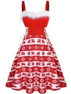Hot Retro Stage 1950s Furry Strap Swing Dress Red