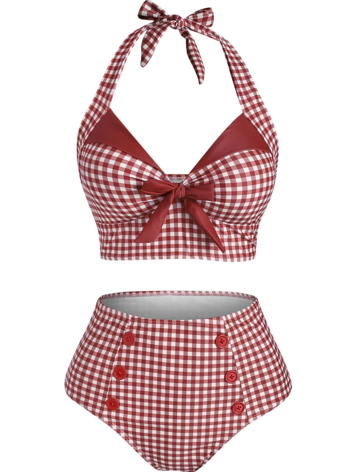 Best Retro Stage Red 1950s Gingham Halter Bowknot Bikini Set