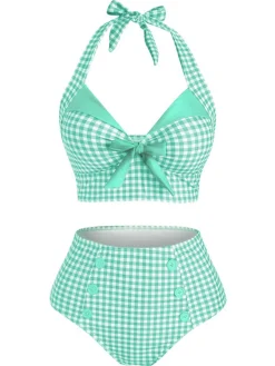 Best Retro Stage Red 1950s Gingham Halter Bowknot Bikini Set