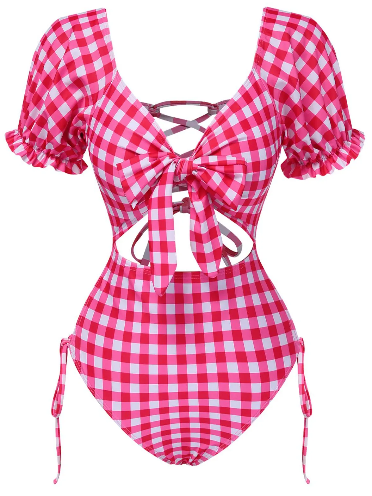 Discount Retro Stage 1950s Gingham Plaid Hollow Puff Swimsuit Red