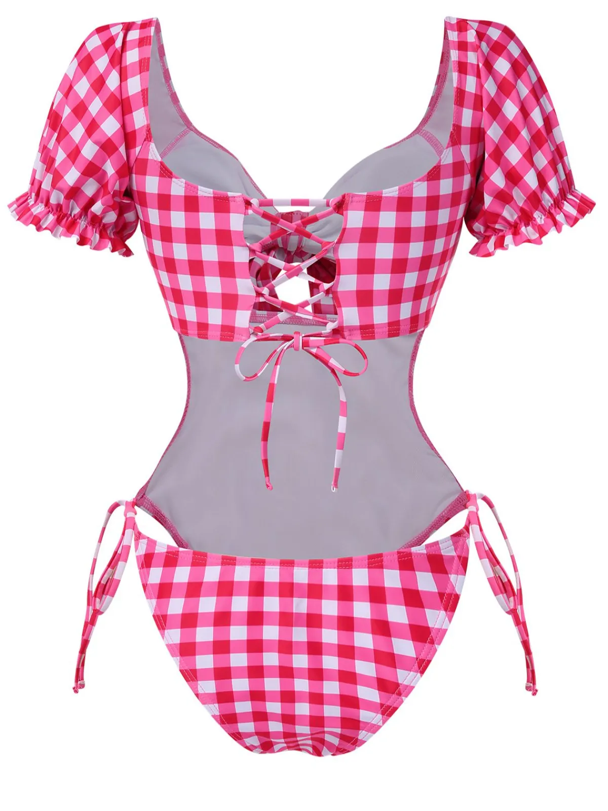 Discount Retro Stage 1950s Gingham Plaid Hollow Puff Swimsuit Red