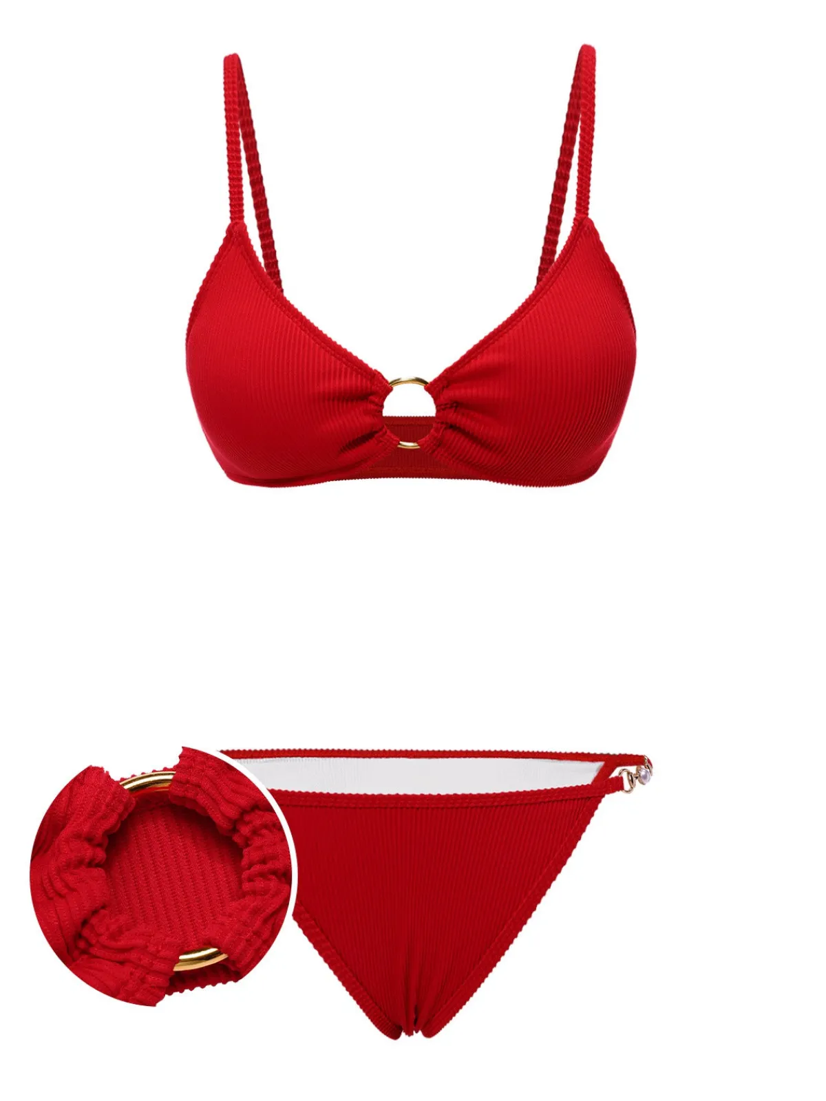 Outlet Retro Stage 1960s Glitter Ring Straps Bikini Set Red
