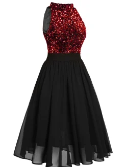 Clearance Retro Stage Red 1950s Gold Glitter Patchwork Dress