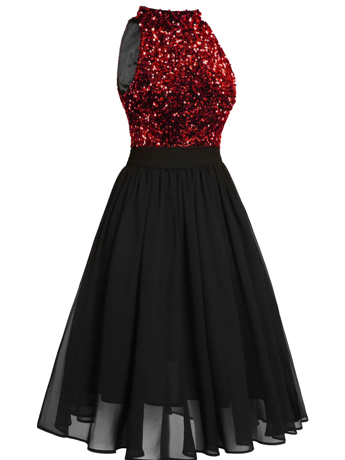 Clearance Retro Stage Red 1950s Gold Glitter Patchwork Dress