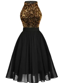 Clearance Retro Stage Red 1950s Gold Glitter Patchwork Dress