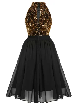 Clearance Retro Stage Red 1950s Gold Glitter Patchwork Dress