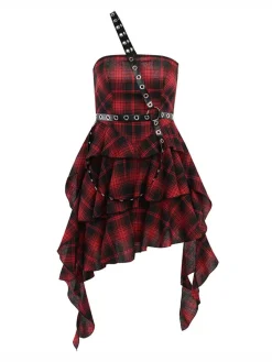 Online Retro Stage 1960s Gothic One-Shoulder Plaid Dress Red