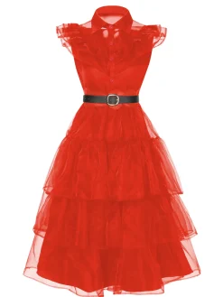 Best Retro Stage Red 1950s Halloween Lace Belt Dress