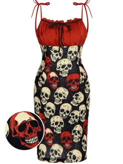 Sale Retro Stage 1960s Halloween Skull Strap Dress Red