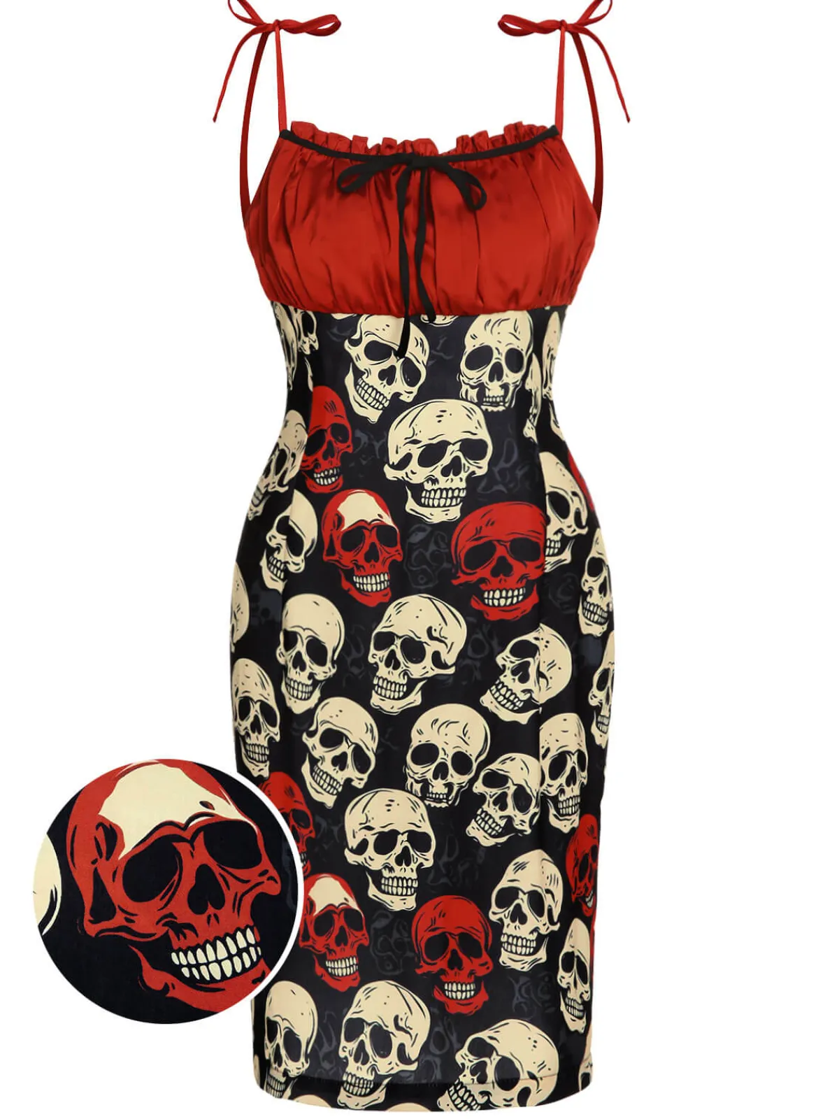 Sale Retro Stage 1960s Halloween Skull Strap Dress Red