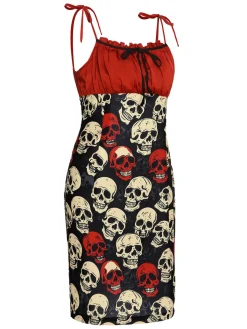 Sale Retro Stage 1960s Halloween Skull Strap Dress Red