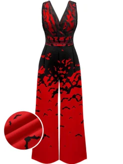 Clearance Retro Stage 1930s Halloween V-Neck Bat Jumpsuit Red
