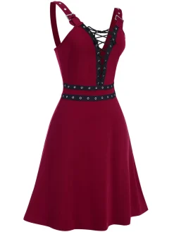 Hot Retro Stage 1950s Halloween V-Neck Lace-Up Dress Red