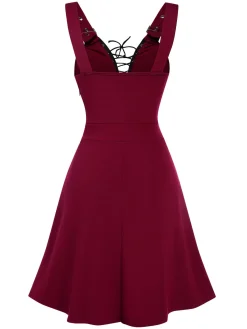 Hot Retro Stage 1950s Halloween V-Neck Lace-Up Dress Red