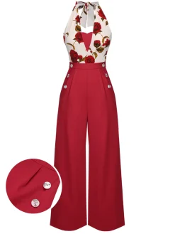 Outlet Retro Stage 1930s Halter Deep V-Neck Roses Jumpsuit Red