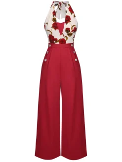 Outlet Retro Stage 1930s Halter Deep V-Neck Roses Jumpsuit Red