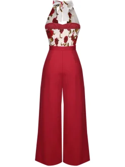 Outlet Retro Stage 1930s Halter Deep V-Neck Roses Jumpsuit Red