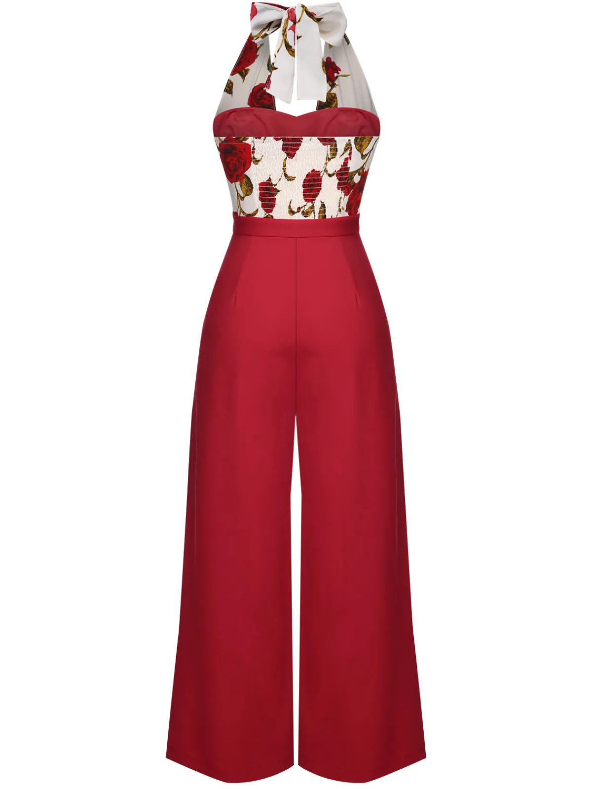 Outlet Retro Stage 1930s Halter Deep V-Neck Roses Jumpsuit Red