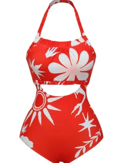 Hot Retro Stage 1930s Halter Floral One-Piece Swimsuit Red