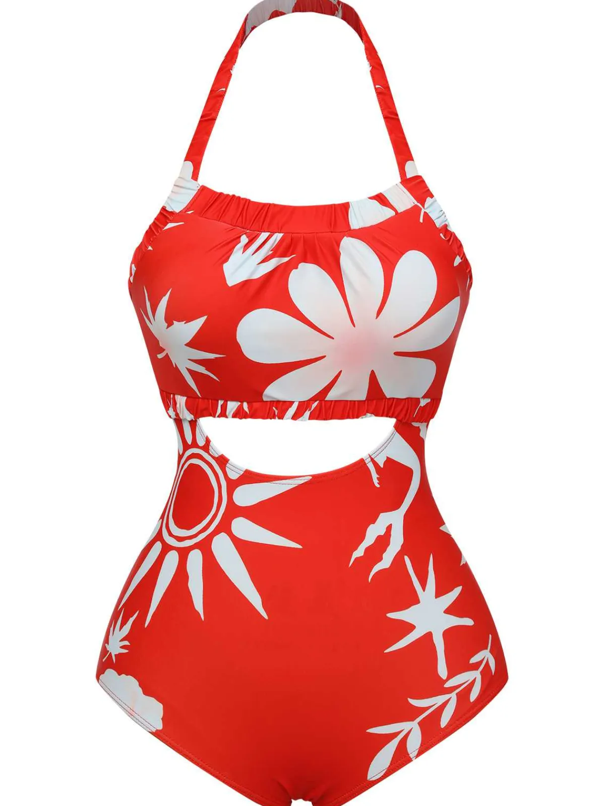 Hot Retro Stage 1930s Halter Floral One-Piece Swimsuit Red